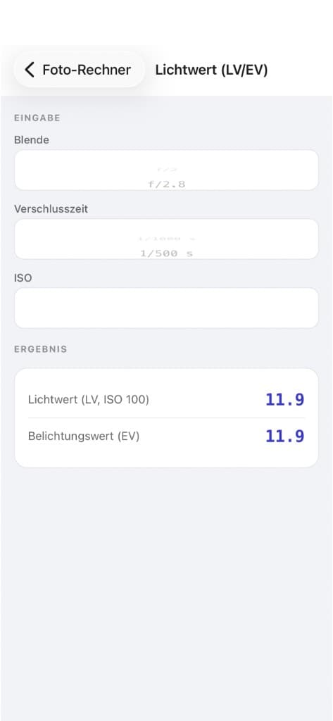 Lichtwert-Rechner (LV/EV) in der Foto Rechner App