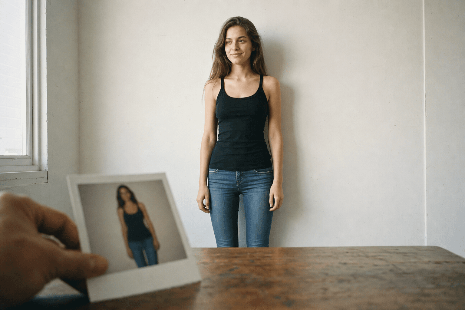 Polaroid casting at a model agency — young woman in black tank top and skinny jeans against a plain white wall in daylight, sample polaroid in foreground