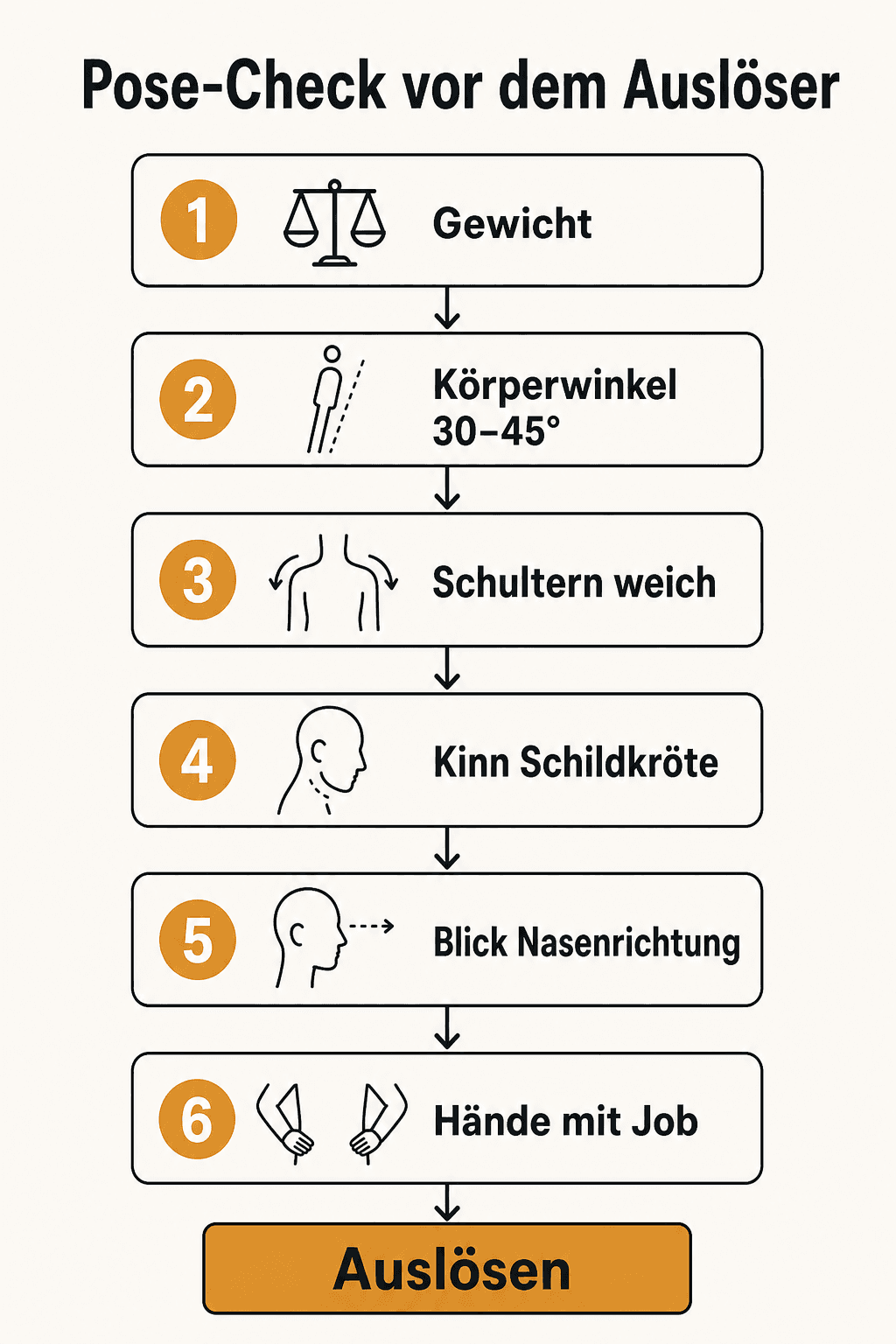 Flowchart pose check: weight, angle, shoulders, chin, gaze, hands, then shoot