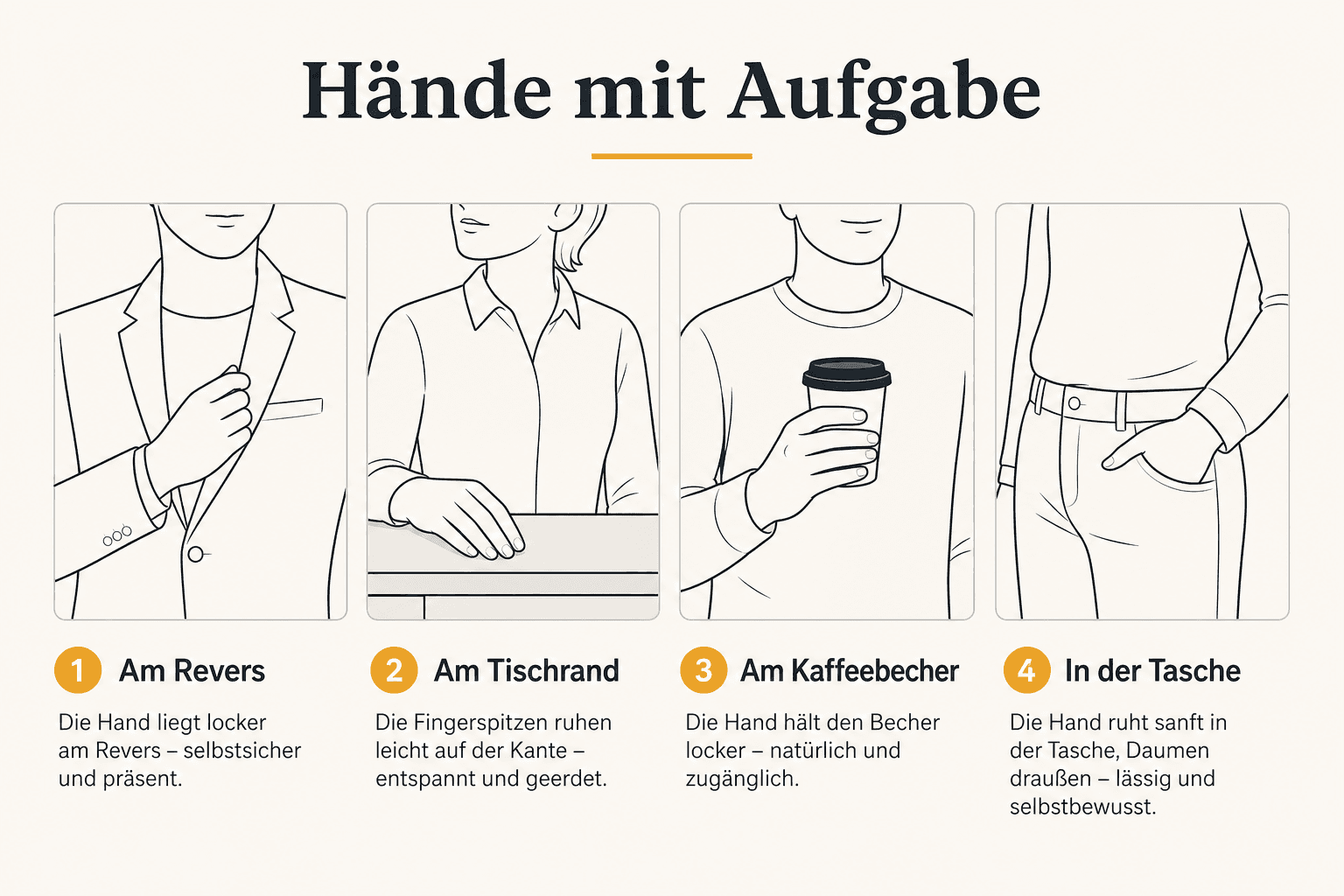 Infographic of portrait hands with a task: lapel, table edge, cup, pocket
