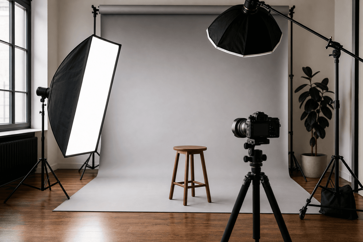 Professional headshot studio setup with softbox, octa beauty dish, grey backdrop, wooden stool and mirrorless camera on a sturdy tripod — the standard setup for business portraits and application photos