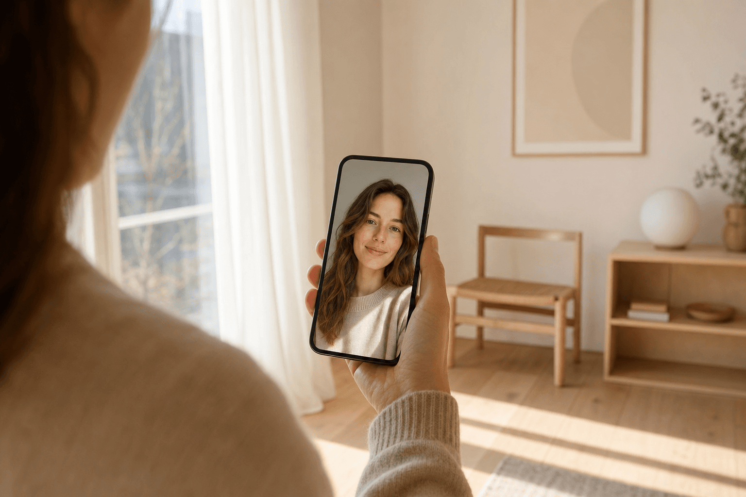 How to create a profile picture 2026 — a woman holds a smartphone showing a beautifully framed self-portrait in soft window light