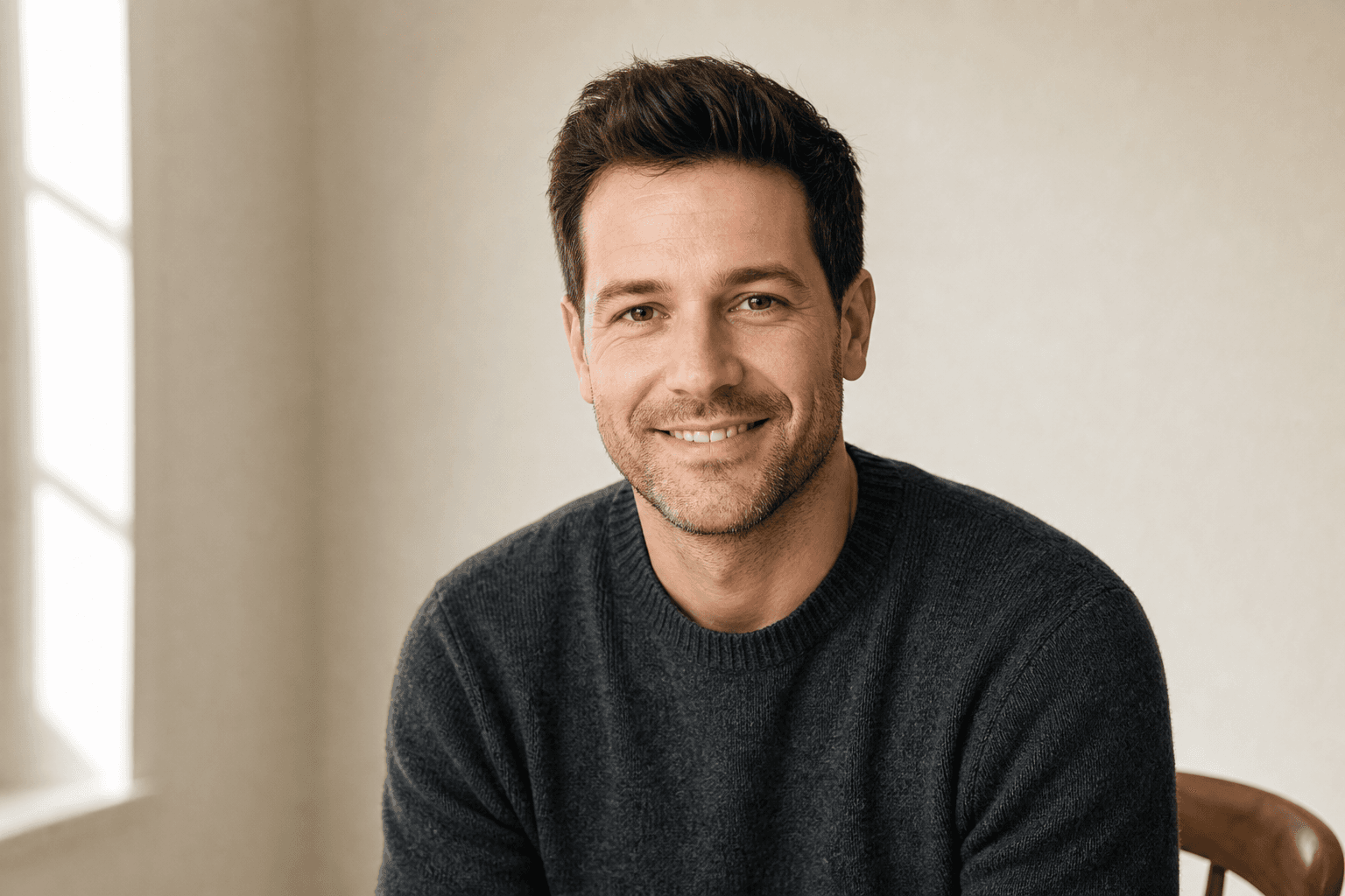Example of a successful profile picture with side window light — man in his mid-30s wearing a charcoal sweater, soft daylight from the left, natural relaxed expression, off-white background