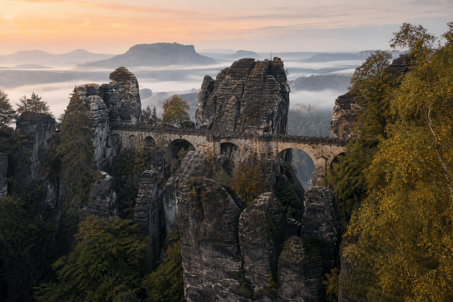 Basteibrücke in der Sächsischen Schweiz bei Sonnenaufgang