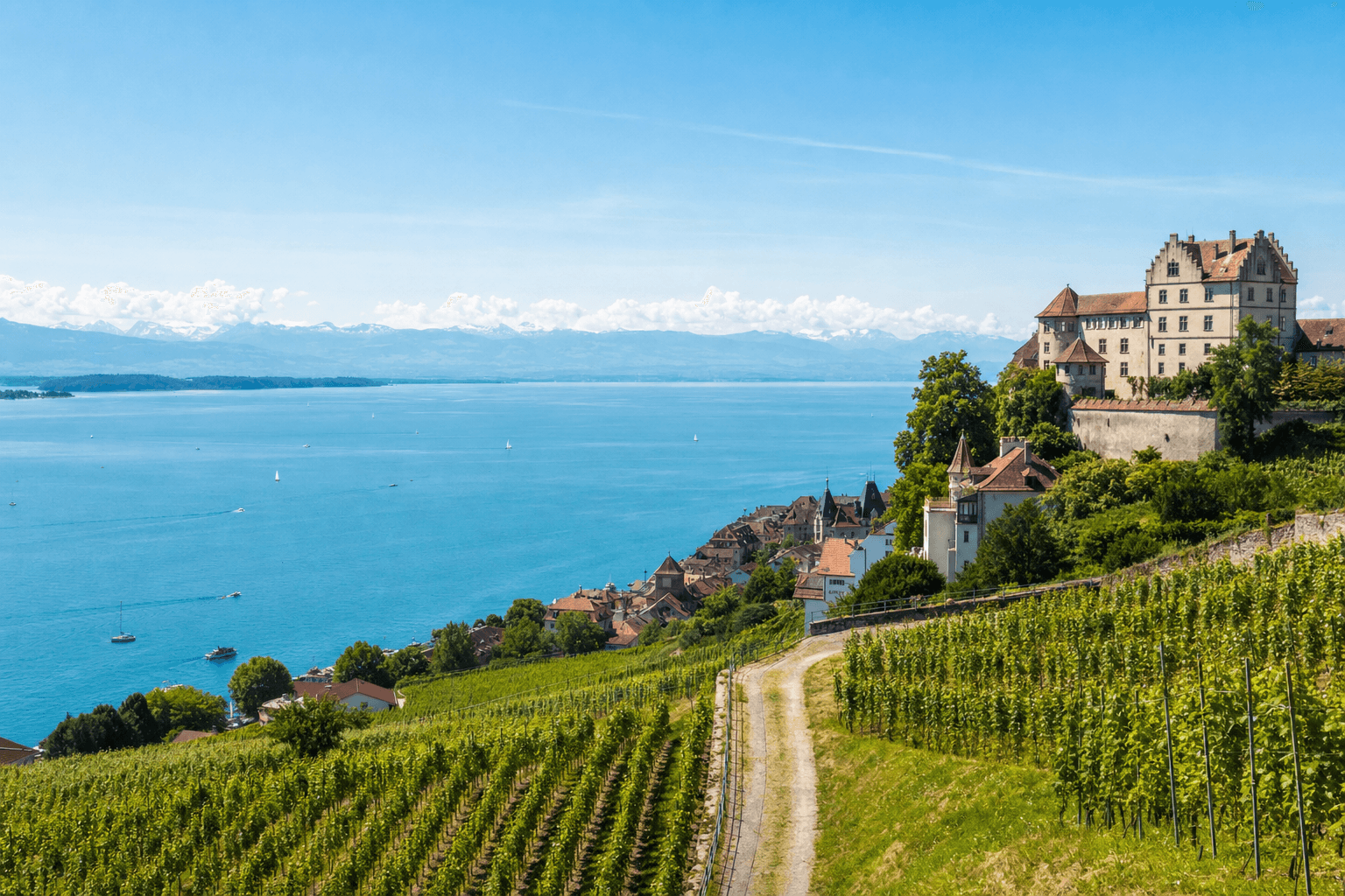 Bodensee mit Weinbergen und Alpenpanorama