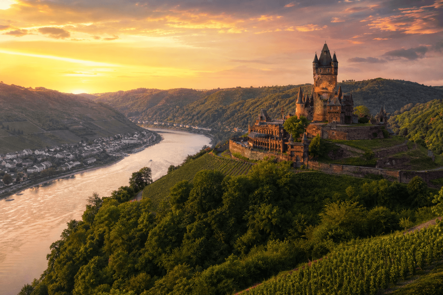 Reichsburg Cochem an der Mosel mit Weinbergen