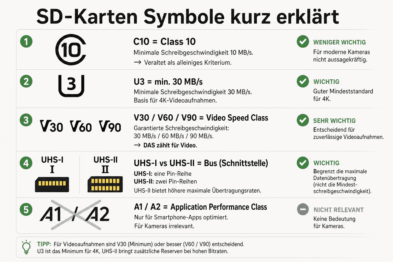 Übersicht Speed-Klassen: C10, U1/U3, V30/V60/V90 und UHS-I/II