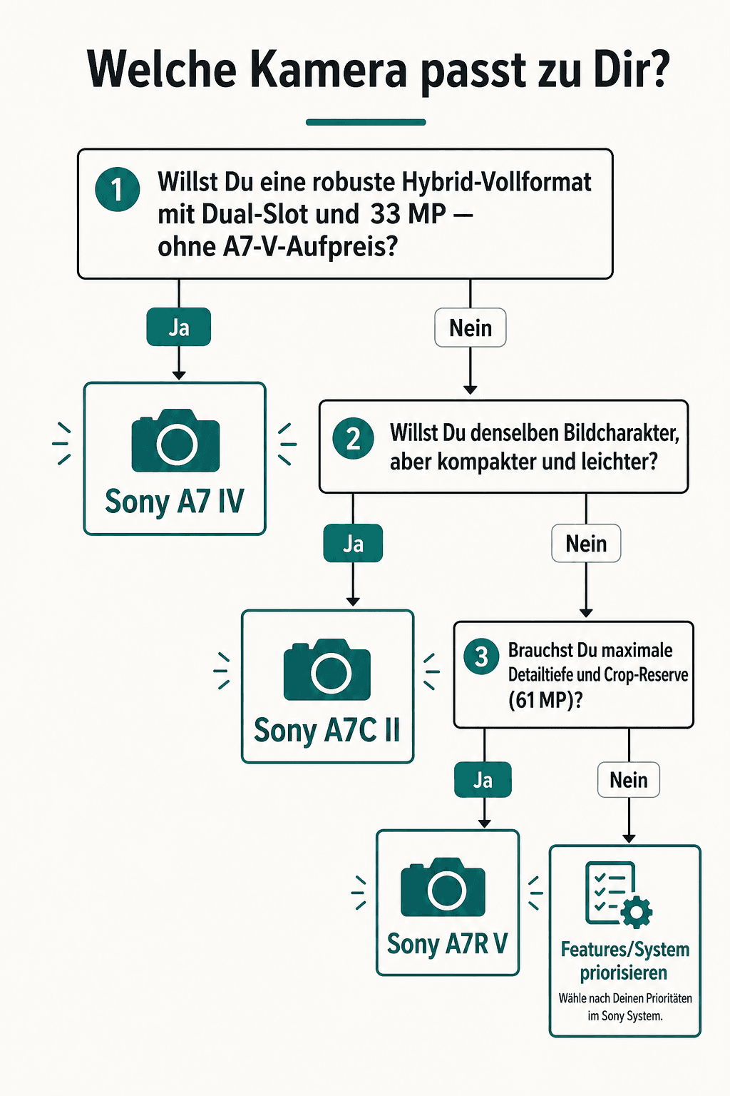 Entscheidungsbaum: Sony A7 IV, A7C II oder A7R V