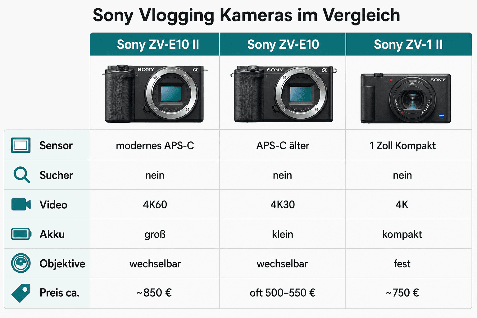 Vergleich: Sony ZV-E10 II, Sony ZV-E10 und Sony ZV-1 II