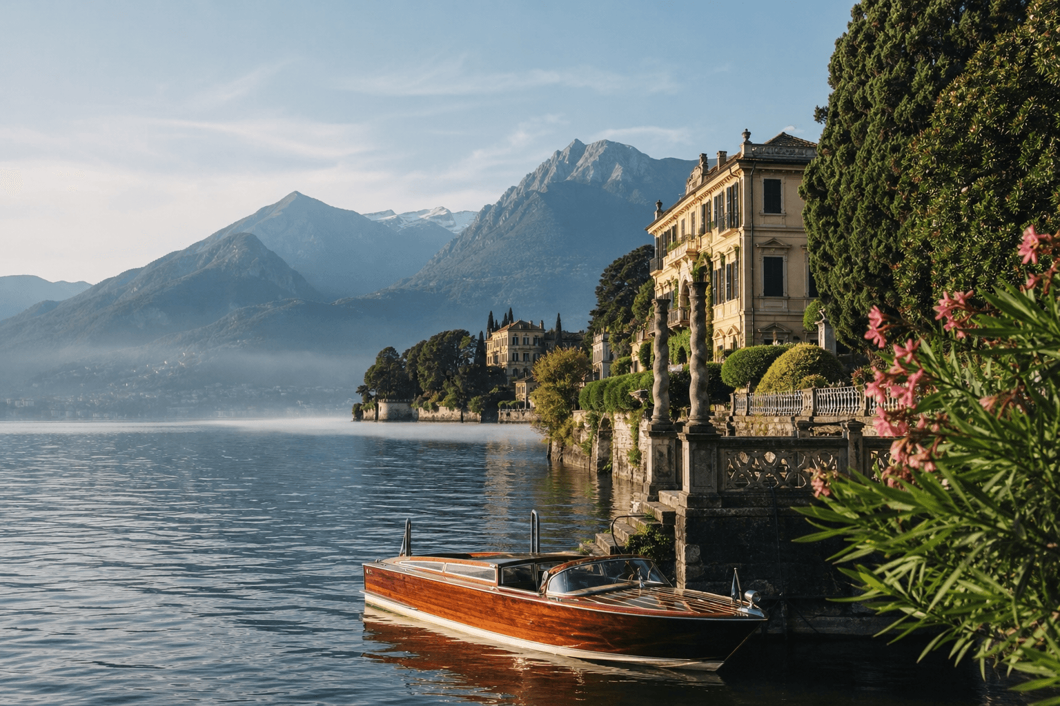 Comer See Traumreiseziel — Villa am See mit Boot und Alpenpanorama
