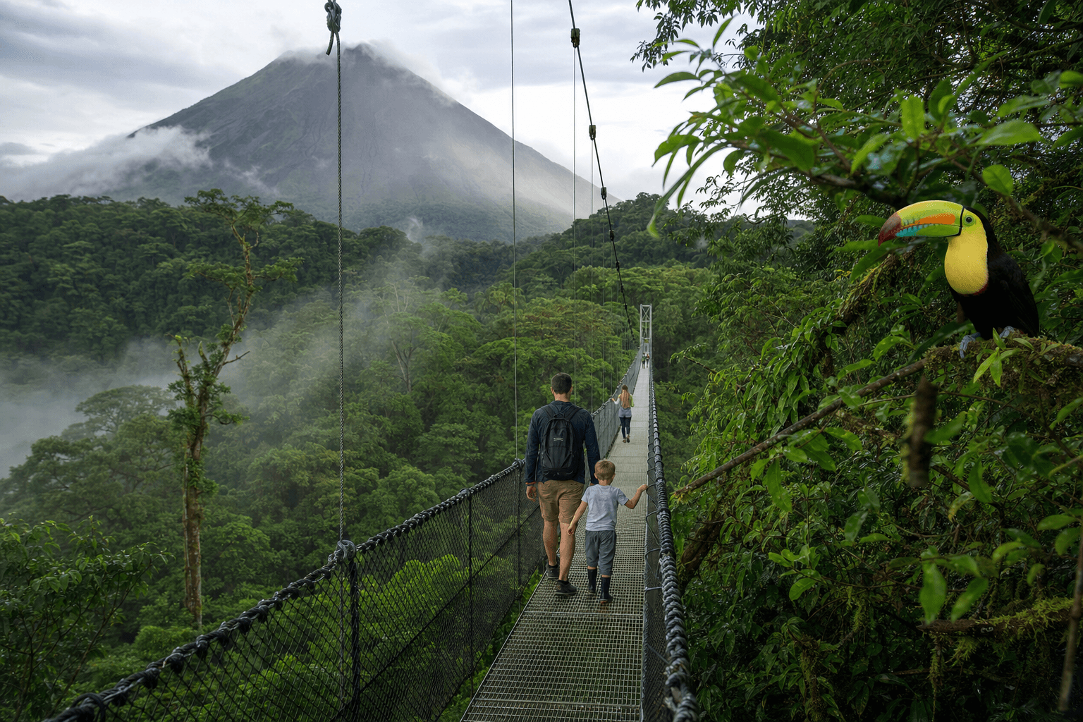 Costa Rica Traumreiseziel — Regenwald mit Hängebrücke und Vulkan
