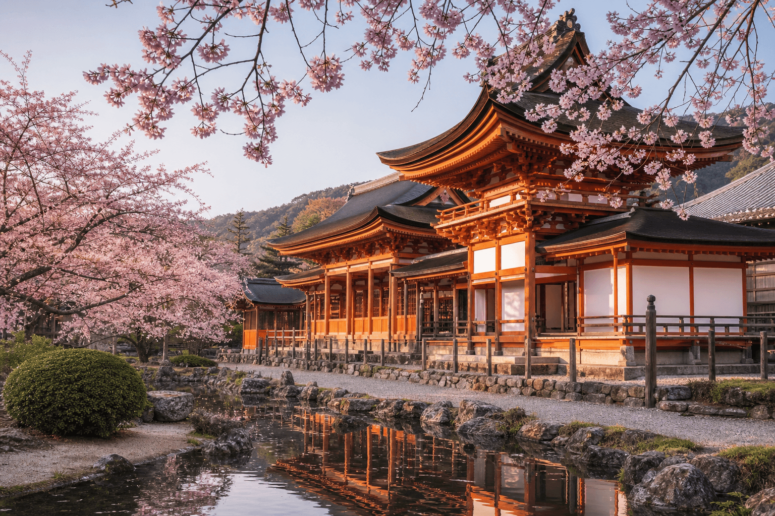 Japan Traumreiseziel — Kyoto Tempel mit Kirschblüte