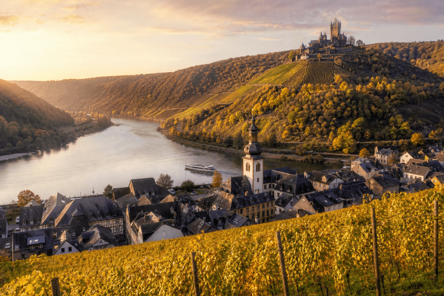 Moseltal Traumreiseziel — Weinberge und Flusskurve mit Burg