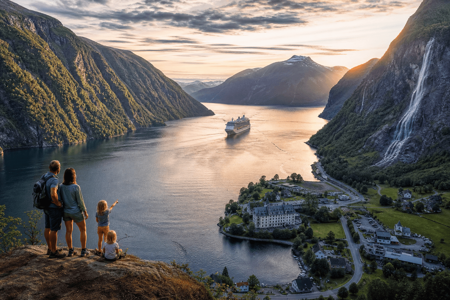 Norwegen Traumreiseziel — Geirangerfjord mit Wasserfall und Steilwand