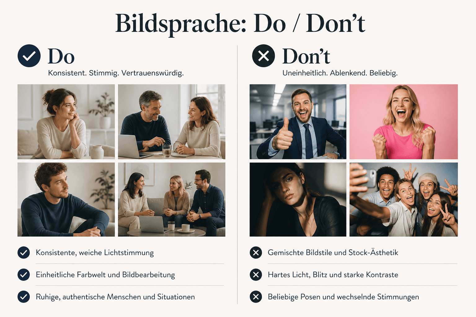 Visual language do and don't — consistent brand imagery vs. uneven one-off looks