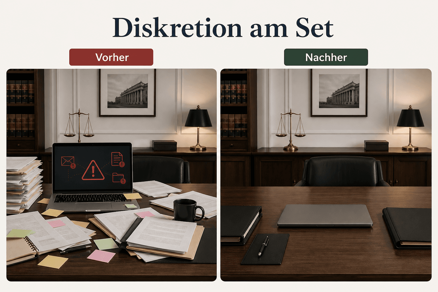 Infographic: discretion on a law-firm set — check screens, files, background