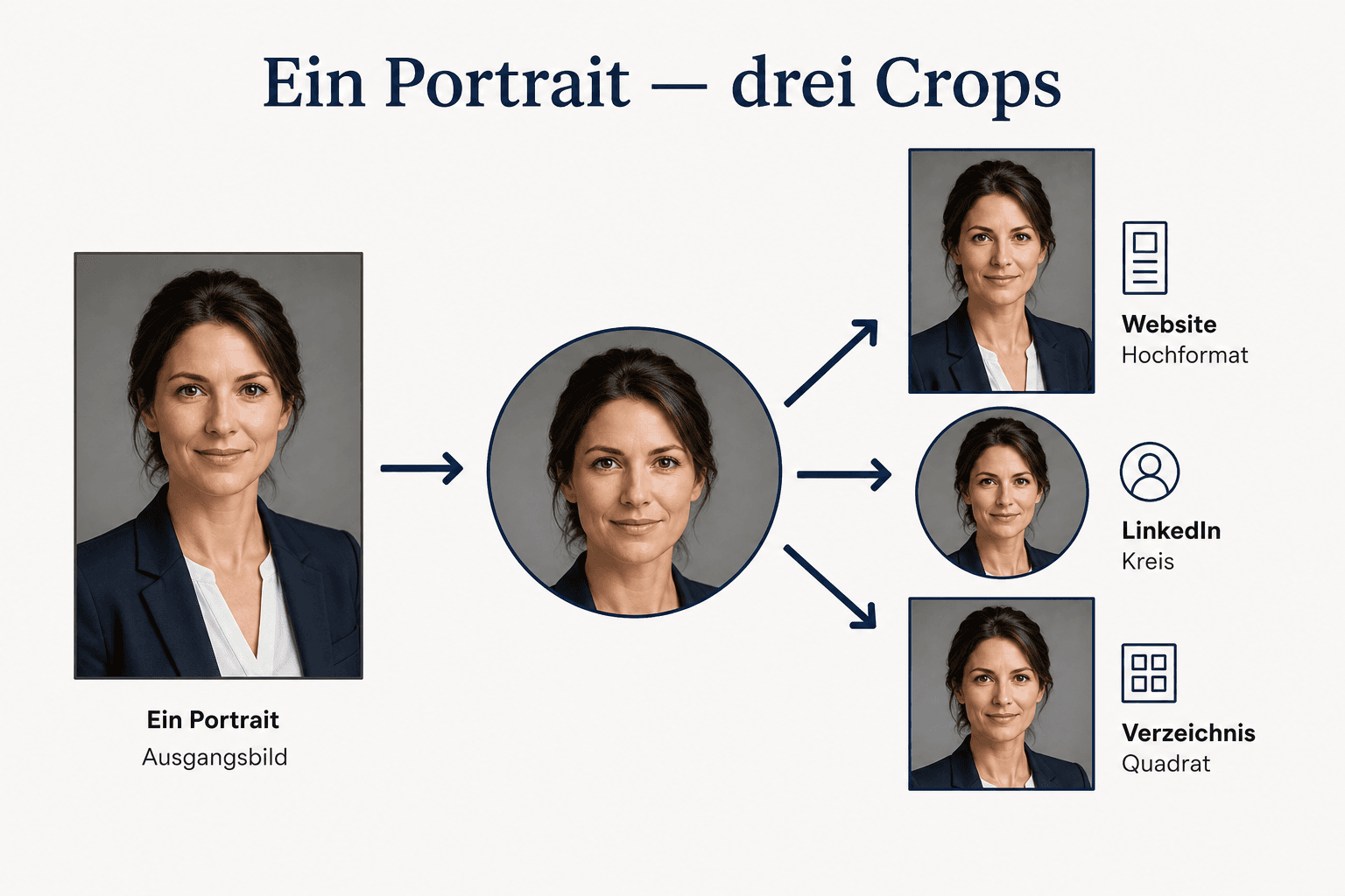 Infographic: law-firm portrait crops for website, LinkedIn circle and anwalt.de square