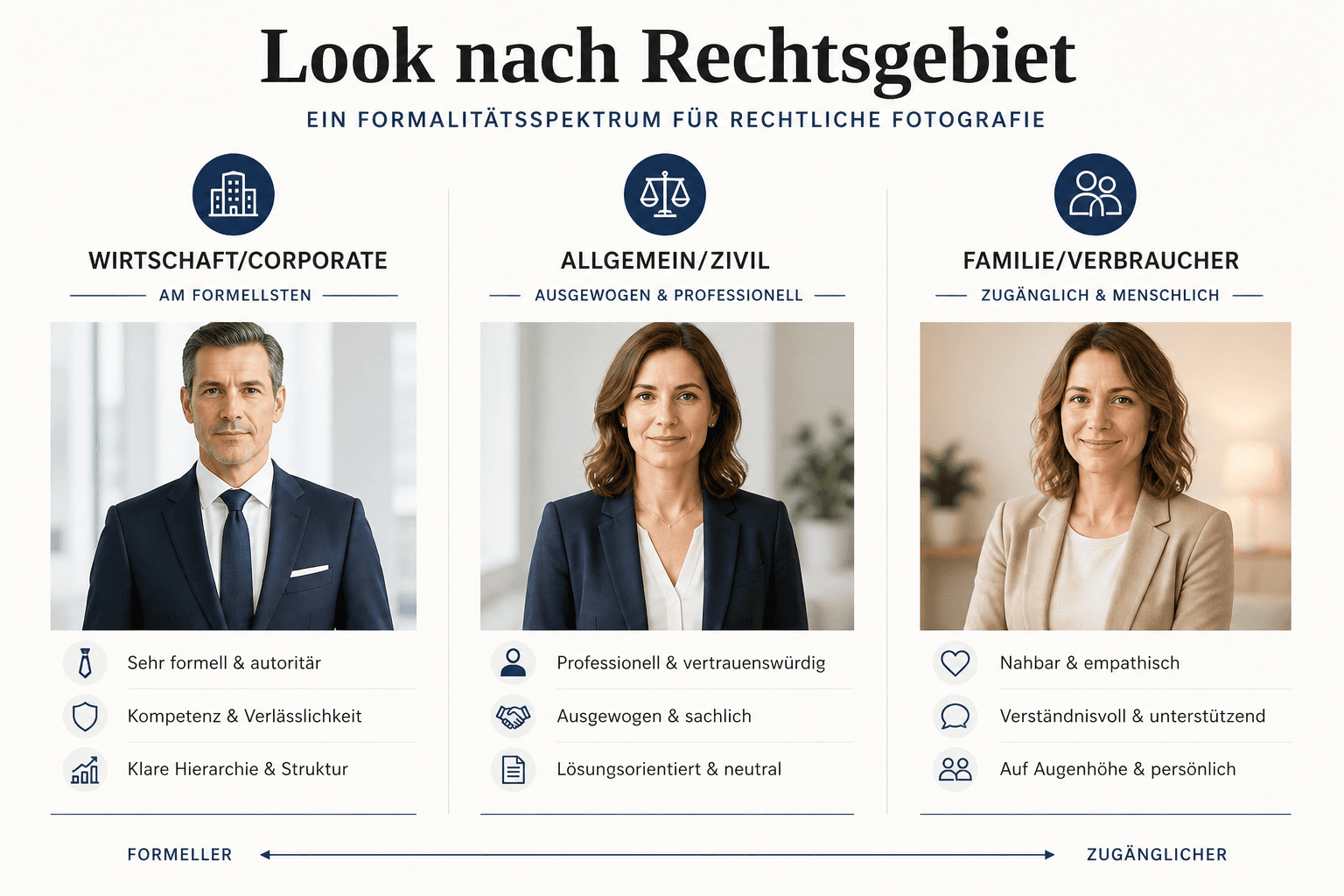Law-firm visual language comparison: calm portrait vs. over-staged glossy look