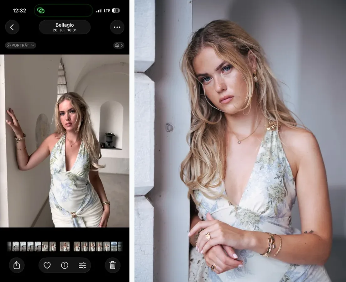 Portrait comparison Bellagio — left iPhone portrait mode, right mirrorless, same person and location