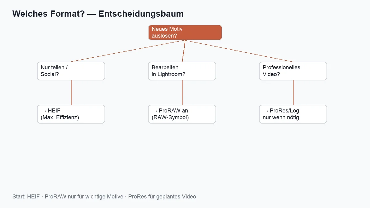 Entscheidungsbaum iPhone Fotoformat — HEIF vs ProRAW vs ProRes Video