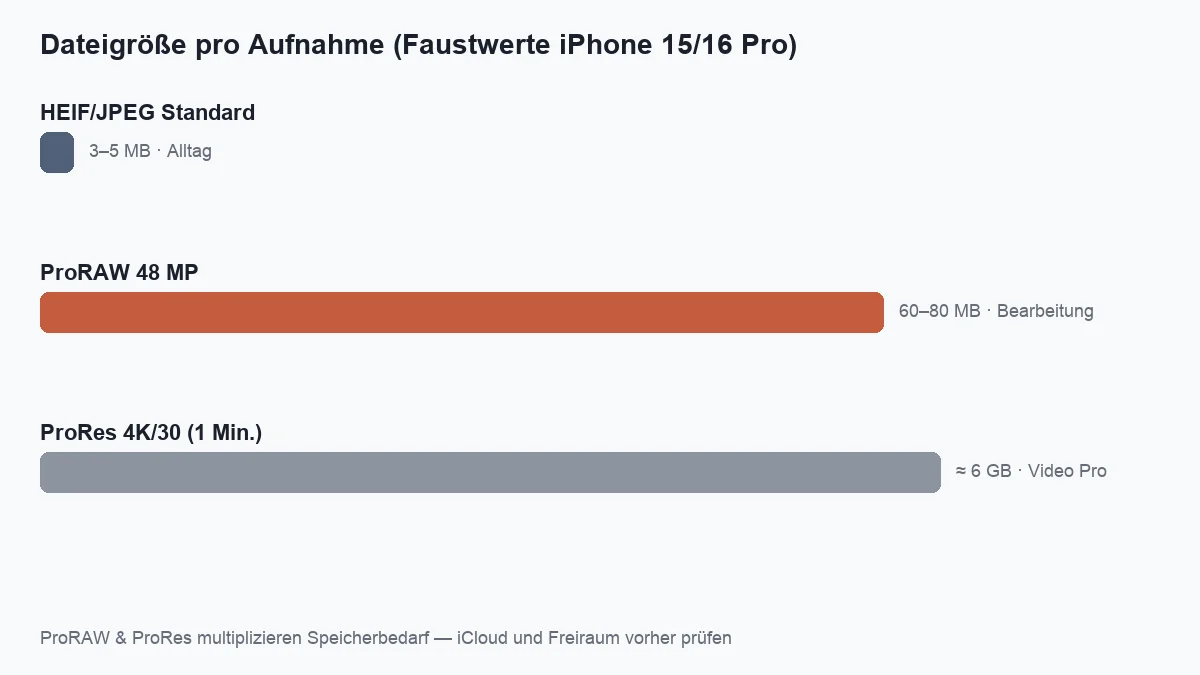 Vergleich Dateigröße HEIF vs ProRAW vs ProRes Video auf dem iPhone