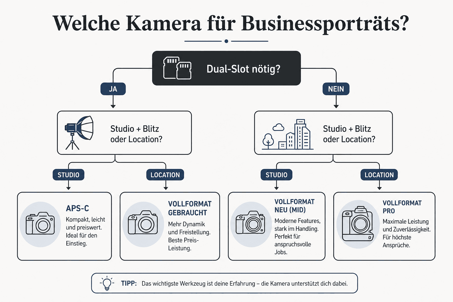 Decision tree camera for business photographers — studio vs. location, APS-C vs. full-frame, budget to pro