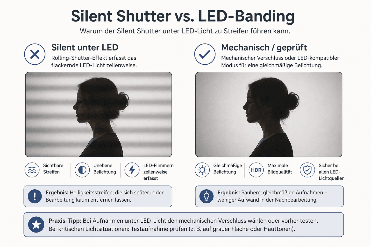Silent shutter vs. mechanical shutter — LED banding risk in the office schematically
