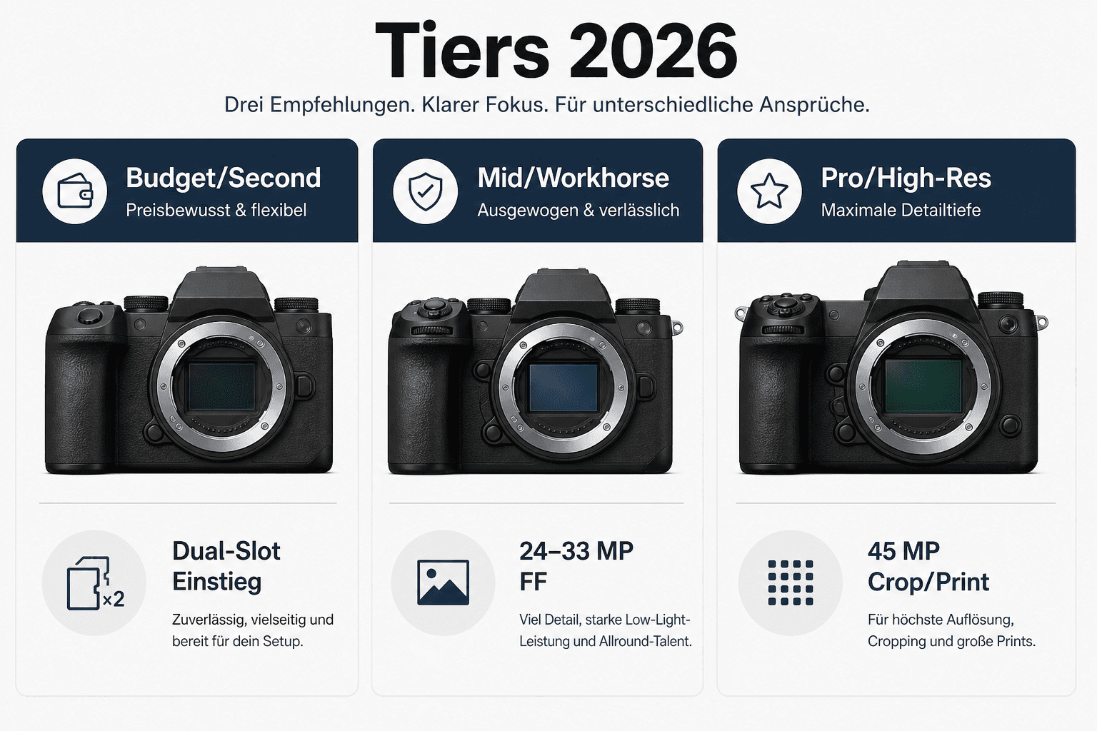 Camera tiers for business photographers 2026 — budget APS-C, mid full-frame, pro dual-body