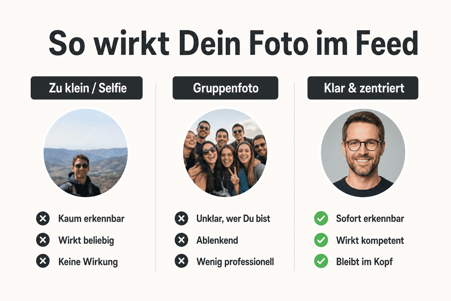 Comparison: LinkedIn profile photo as large portrait vs. tiny thumbnail and circle crop