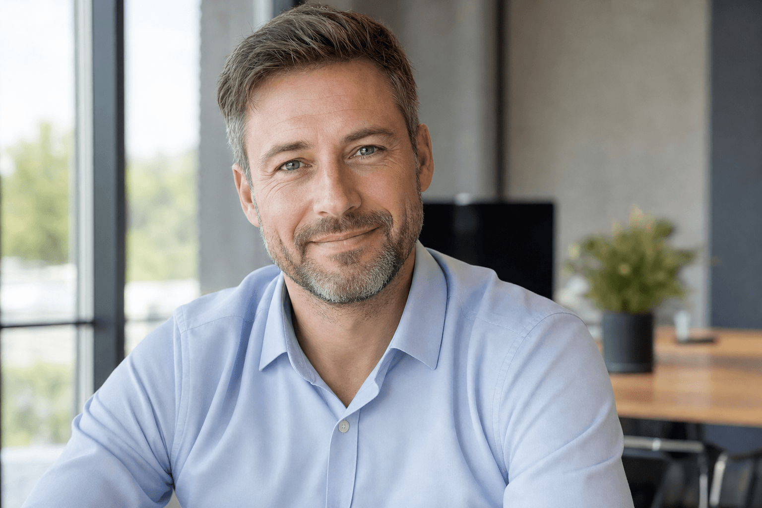 Nahbares Business-Porträt im Büro mit Fensterlicht und weichem Hintergrund