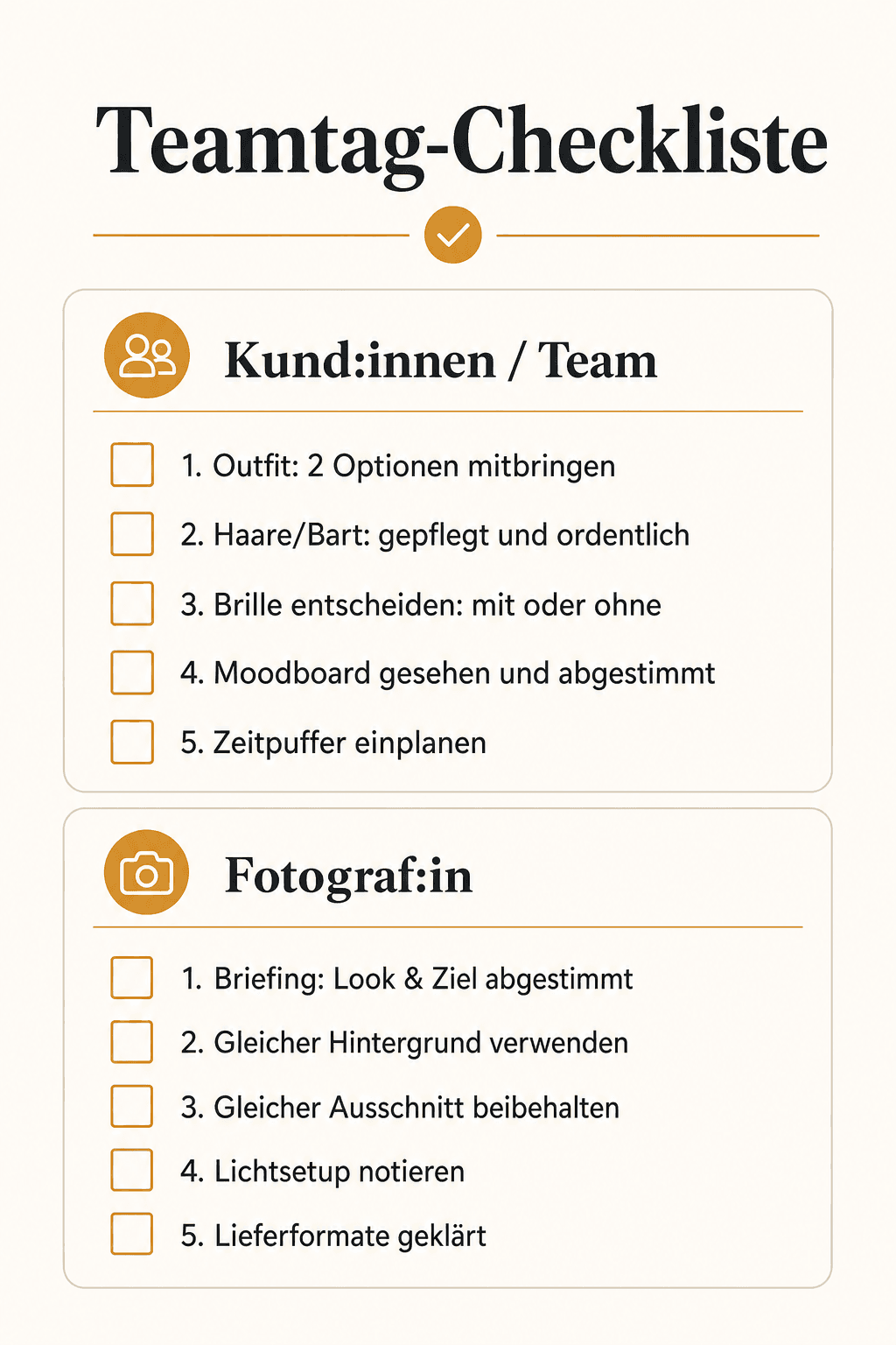 Checkliste für den Teamtag bei Mitarbeiterportraits: Setup, Testbelichtung, Zeitplan, Halbzeit-Check, Namensliste