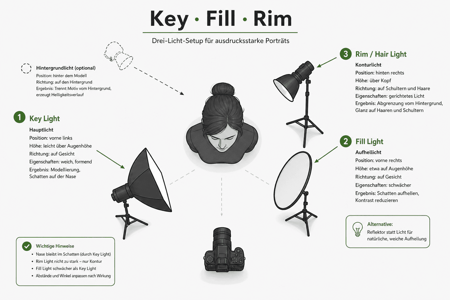 Top-down view of a three-light setup with key softbox, fill, and rim/hair light