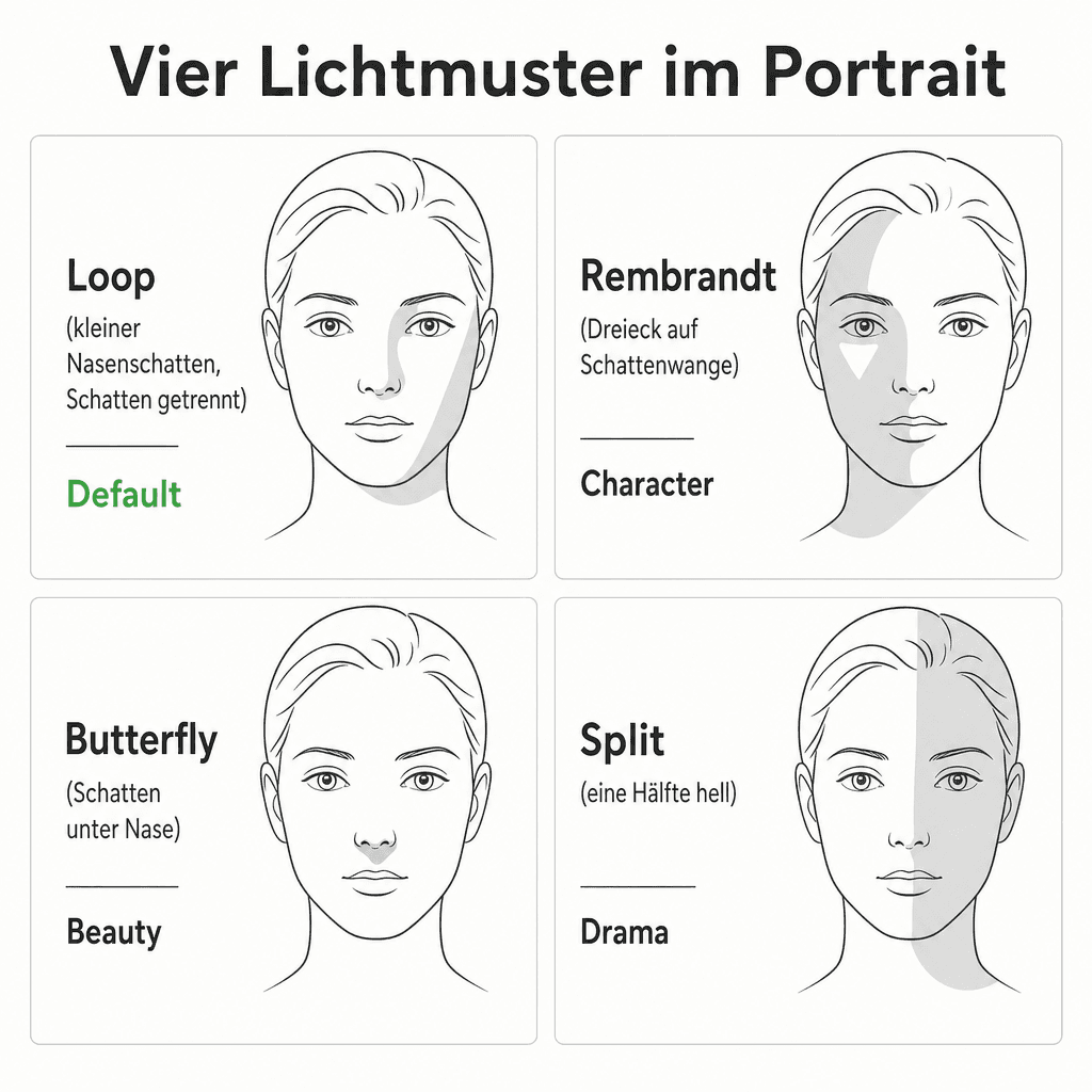 Face diagram of the four portrait light patterns: Rembrandt, loop, butterfly, and split