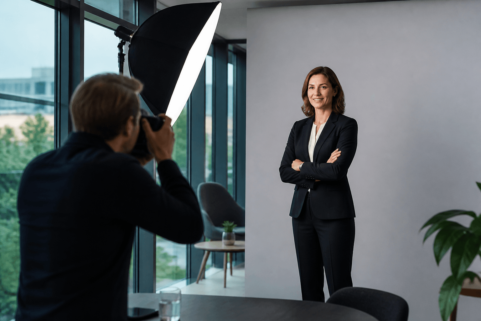 Businessfotografie-Shooting im Büro — Führungskraft vor der Kamera, professionelles Lichtsetup