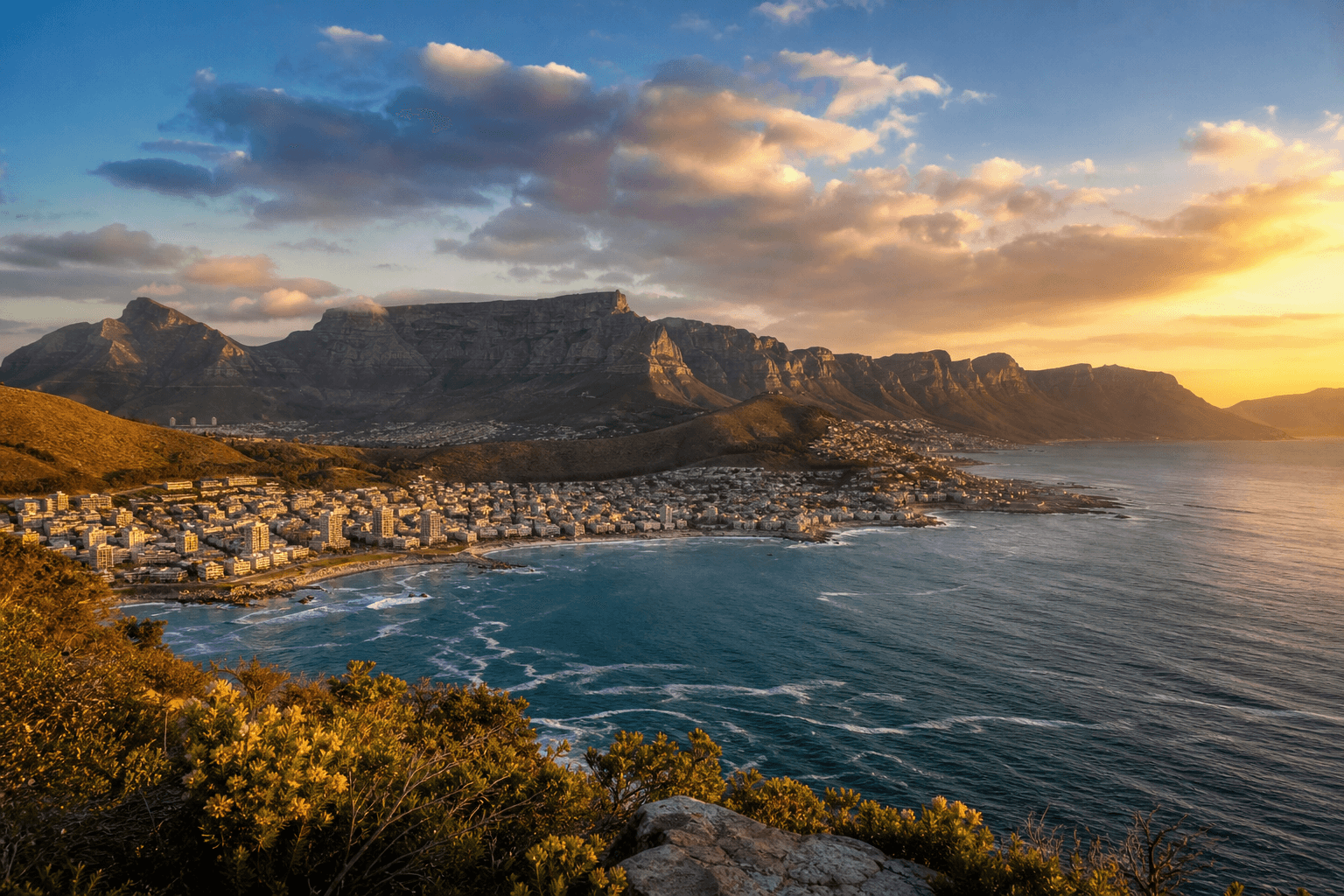 Kapstadt — Table Mountain und Stadtpanorama bei goldenem Licht