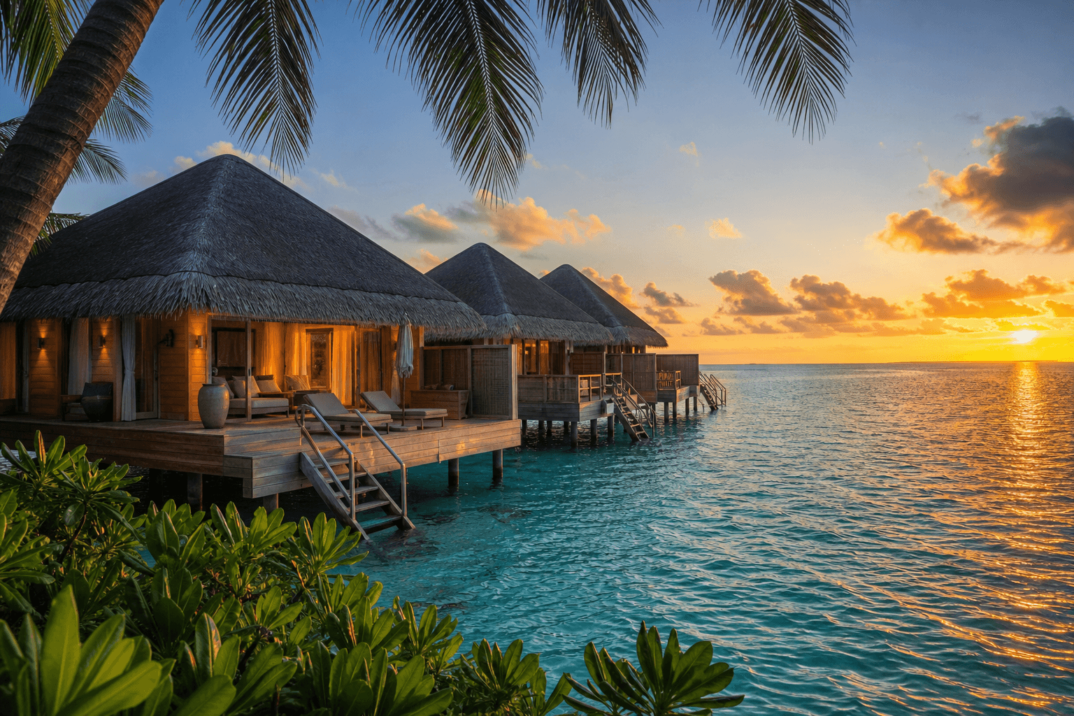 Malediven — Overwater-Villas auf türkiser Lagune