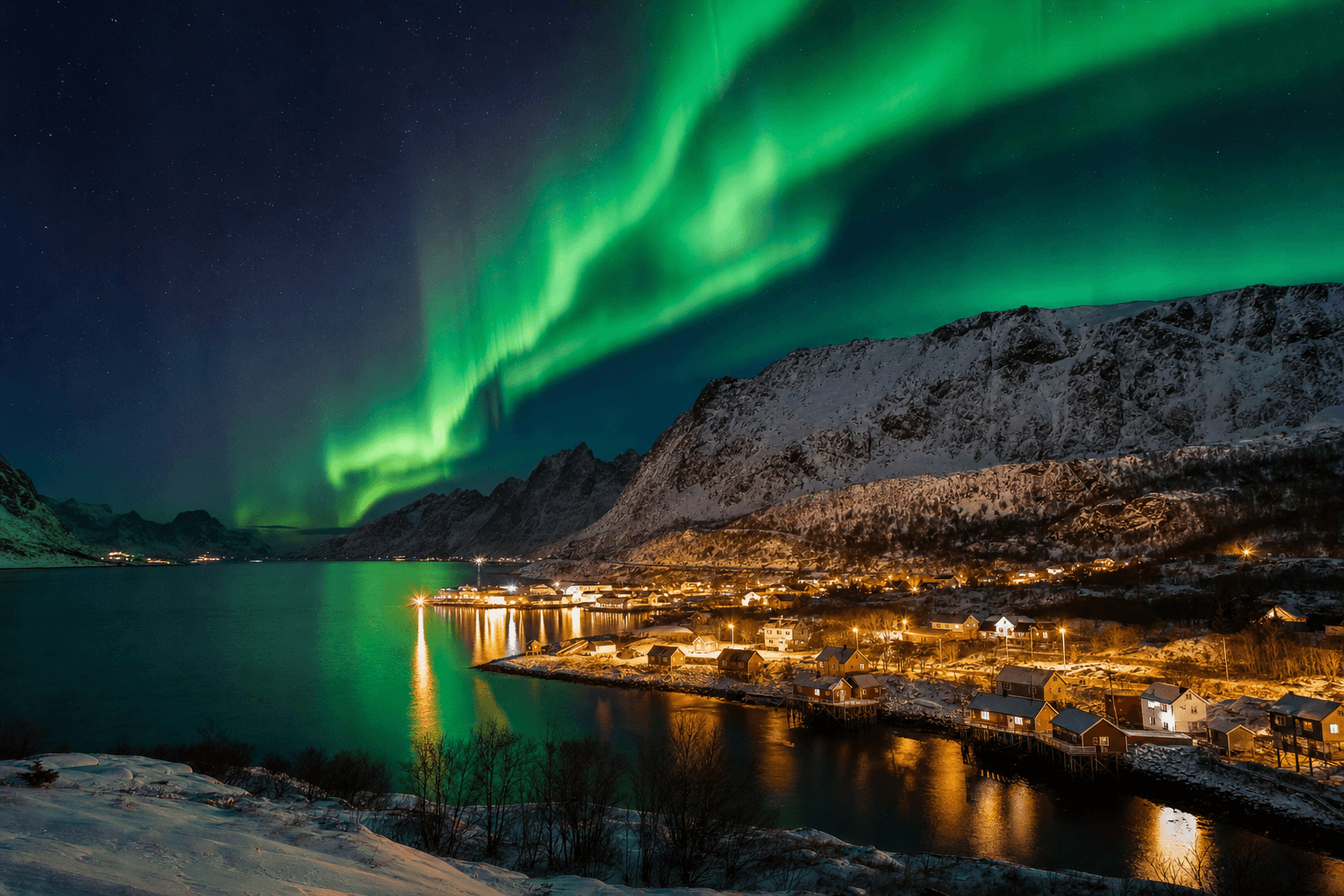 Tromsø — Nordlichter über verschneitem Fjord