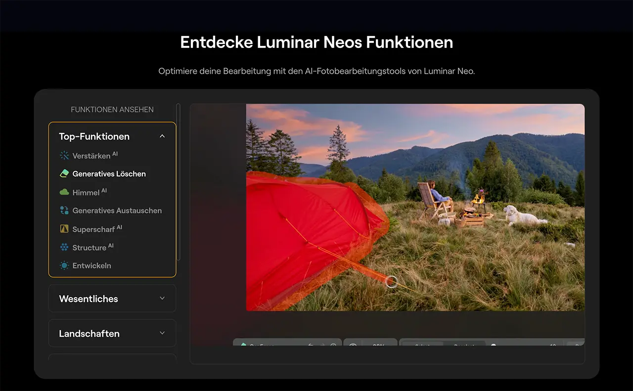 Luminar Neo Interface mit KI-Werkzeugen